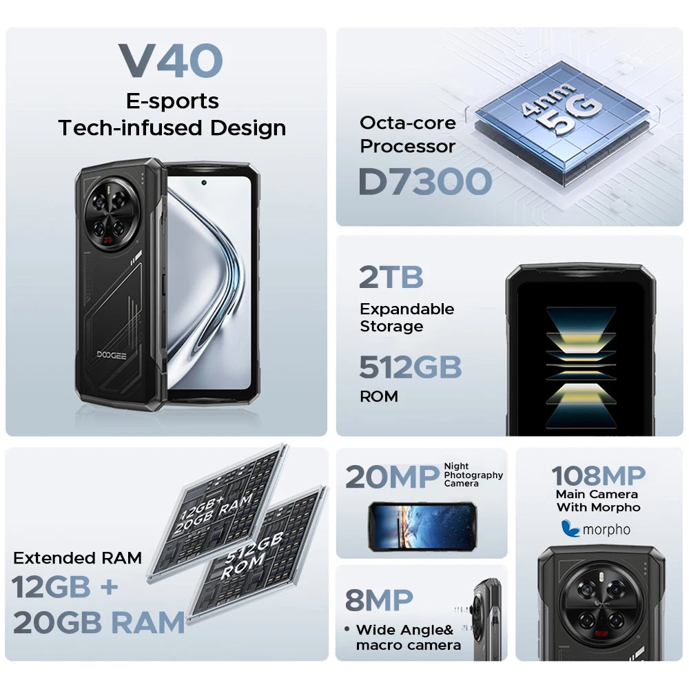 【Brand+】DOOGEE V40 5G Rugged Phone 12GB RAM 512GB ROM Gaming Smartphone dimension 7300 6.78 120Hz Display 108MP to Camera NFC
