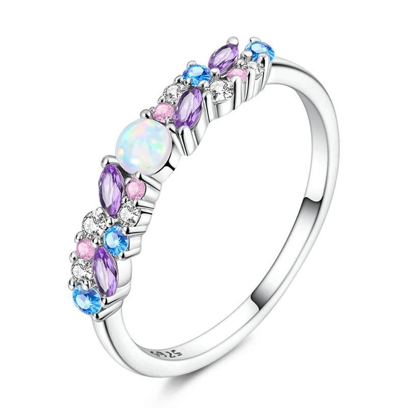 Original 925 Sterling Silver Sparkling Ice-Blue Purple Opal Ring For Women Girls Jewelry Birthday Anniversary Gifts