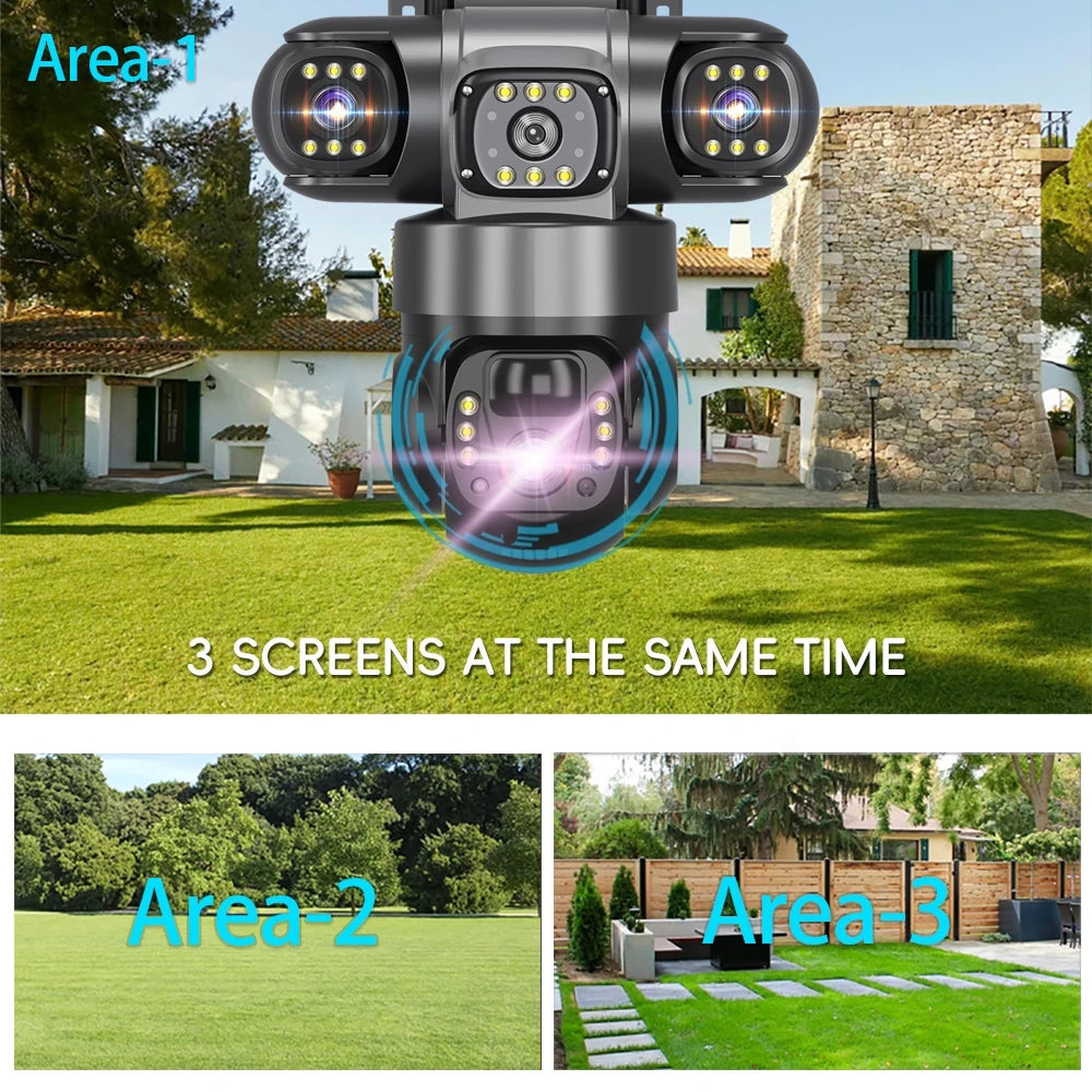 Solar Camera With 4G SIM 15MP HD Outdoor 3 Lens 3 Screen 10X Zoom PIR Human Detect Cameras Night Vision CCTV Security Protection