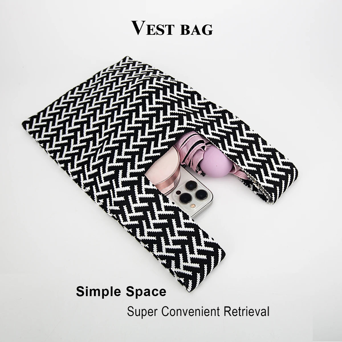 Line Arrangement Striped Knitted Handbag, Open-Top Women's Breathable Lightweight Foldable Crochet, Carry-On for Mobile Phone, Cosmetics, Lipstick, Perfume, Suitable for Daily Vacation, School, Commuting, Shopping, Photograph