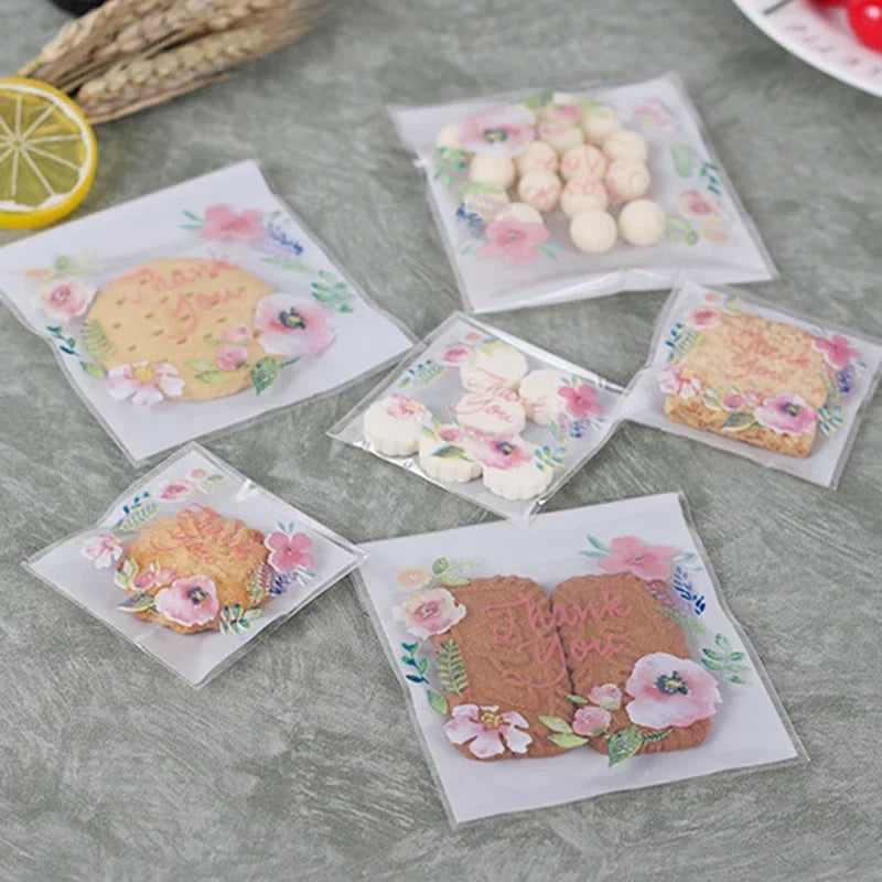 100pcs/lot Plastic Bags Thank you Flower Self-Adhesive Bags for Homemade Cookie Party Gifts Bag DIY Jewelry Packaging Bag