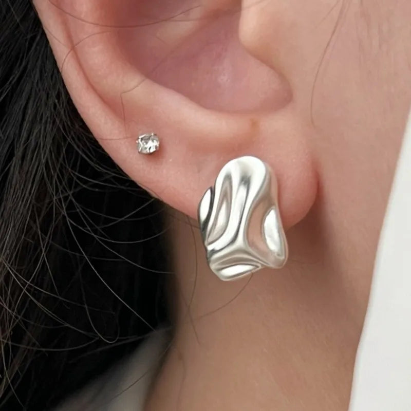 PANJBJ 925 Sterling Silve Crinkled Texture Studs Earring for Women Vintage Irregular Frosting Jewelry Party Gift Dropshipping