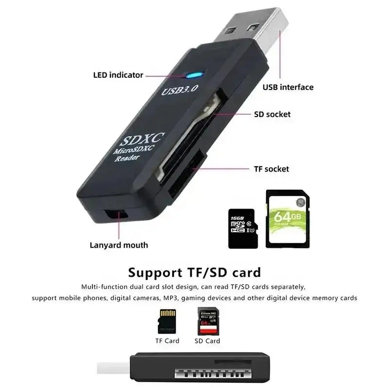 2-in-1 Multi Functional  USB 3.0 Card ReaderMicro SD TFMemoryCardReaderUSBFlashDrive CardreaderAdapter For PCLaptops Accessories