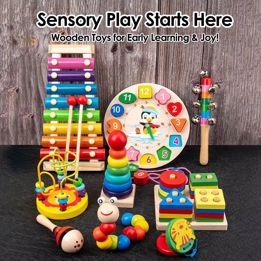 Montessori Baby Toys 9 in 1 Wooden Musical Set: Xylophone Rattle Drum Bell 3D Puzzles Sensory Learning Gifts for 0-12 Months 1-3