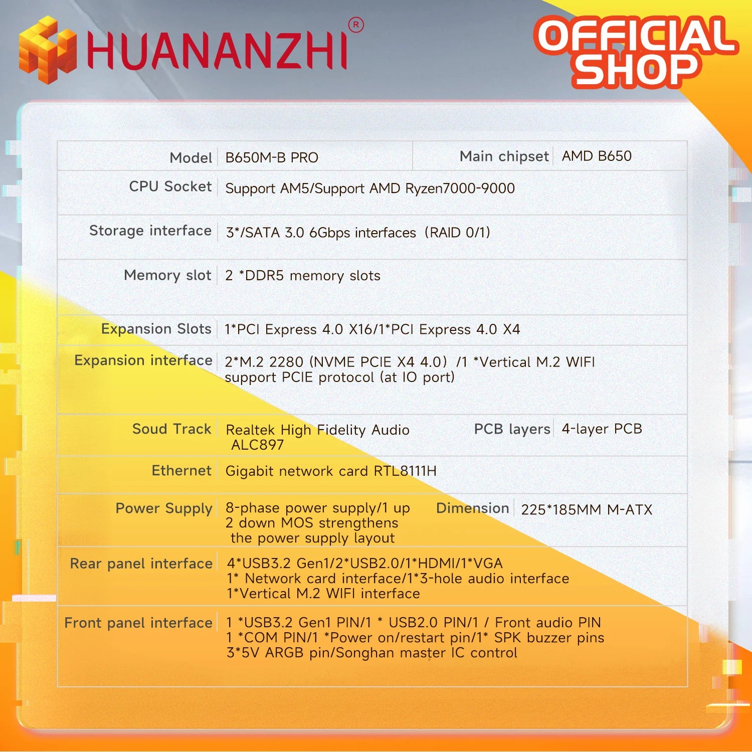 HUANANZHI B650M B PRO AMD AM5 Motherboard Supports Ryzen R5 R7 7000 8000 9000 Series M.2 NVME WIFI Dual Channel DDR5 EXPO RAM