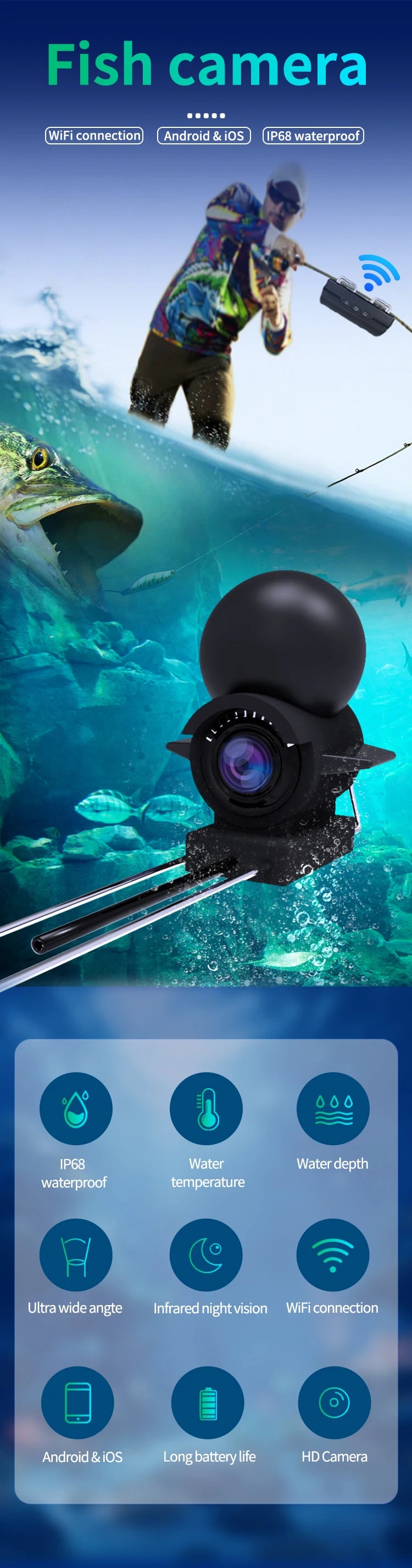Dodosee 15-50m Underwater WiFi Fishing Camera 2025 New HD Fish Finder with Transmitter Lake Sea IOS&Android Fishing Accessories