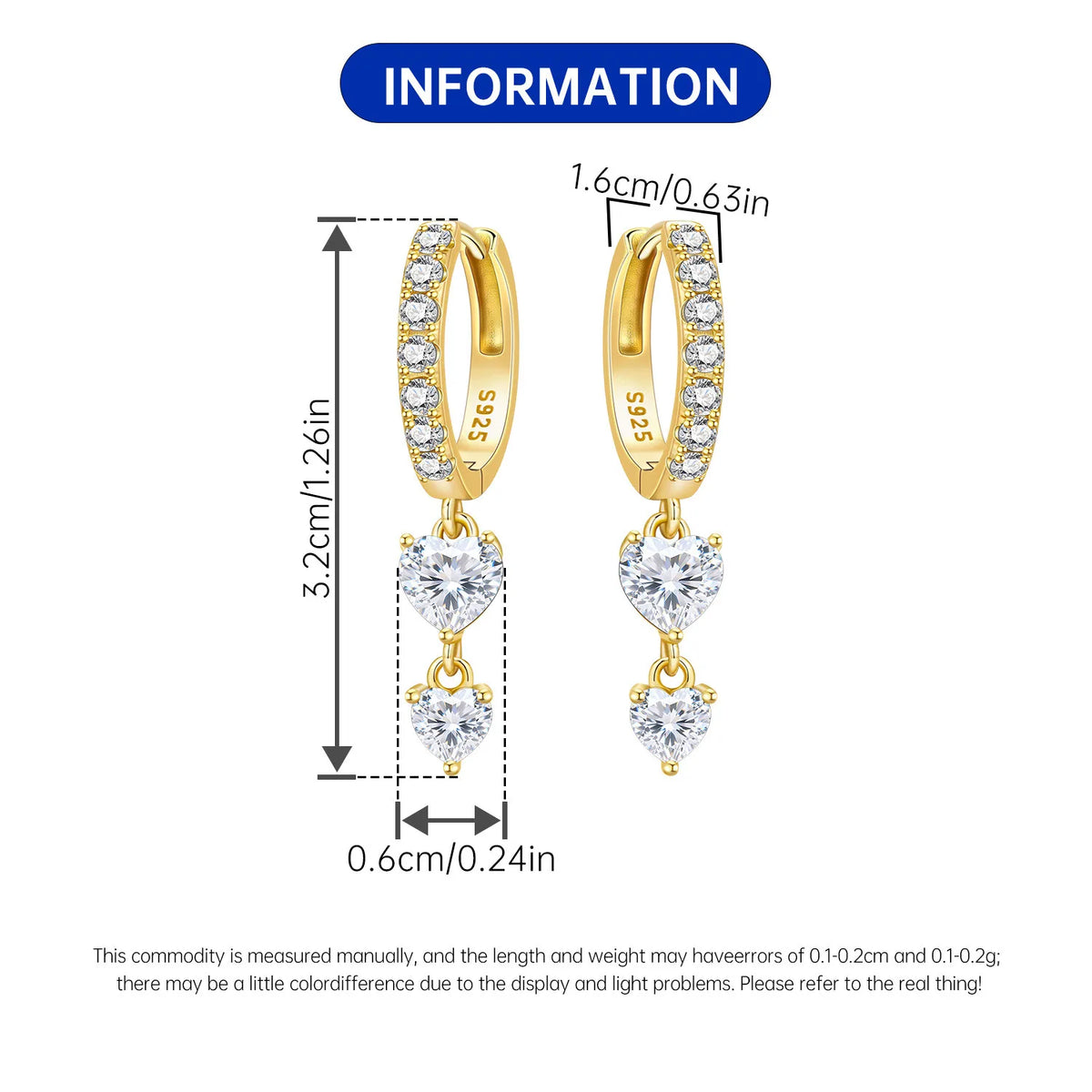 Orstarry 925 Sterling Silver 18K Gold Heart-shaped Zircon Drop Earrings Women Earrings Fashion Party Original Jewelry Gifts
