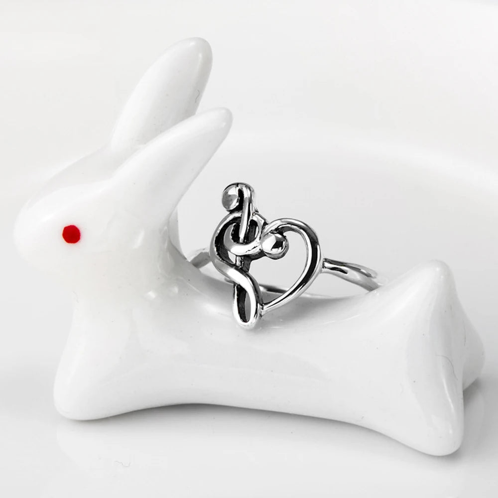 Moonmory 925 Sterling Silver Music Note Heart Adjustable Rings Treble Clef Jewelry Heart Charm Music Ring Gift For Women Female