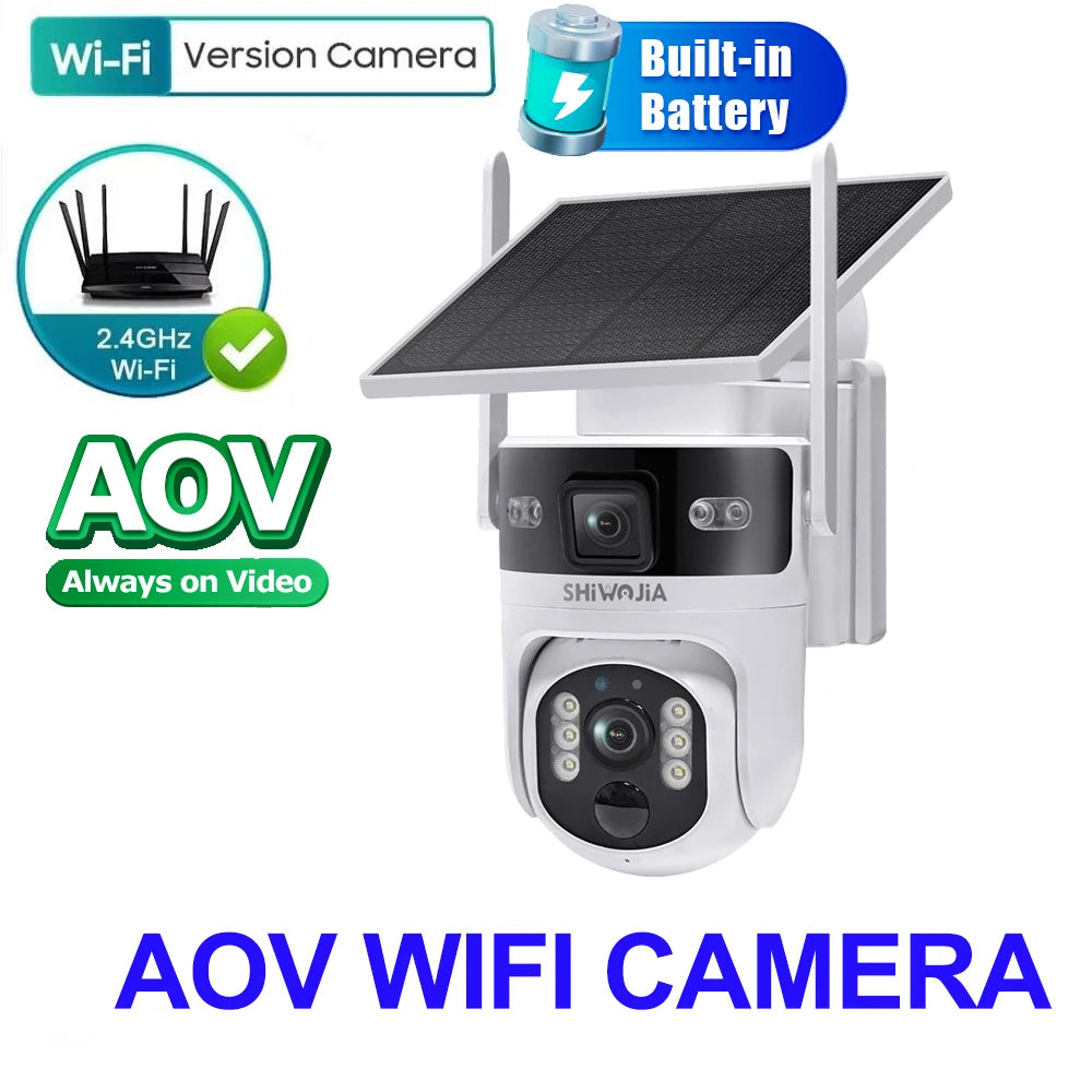 SHIWOJIA 8MP AOV Solar Battery Camera 4G SIM 7/24 Hours Recording Wireless WIFI Security PTZ Camera Dual Lens PIR Night Vision