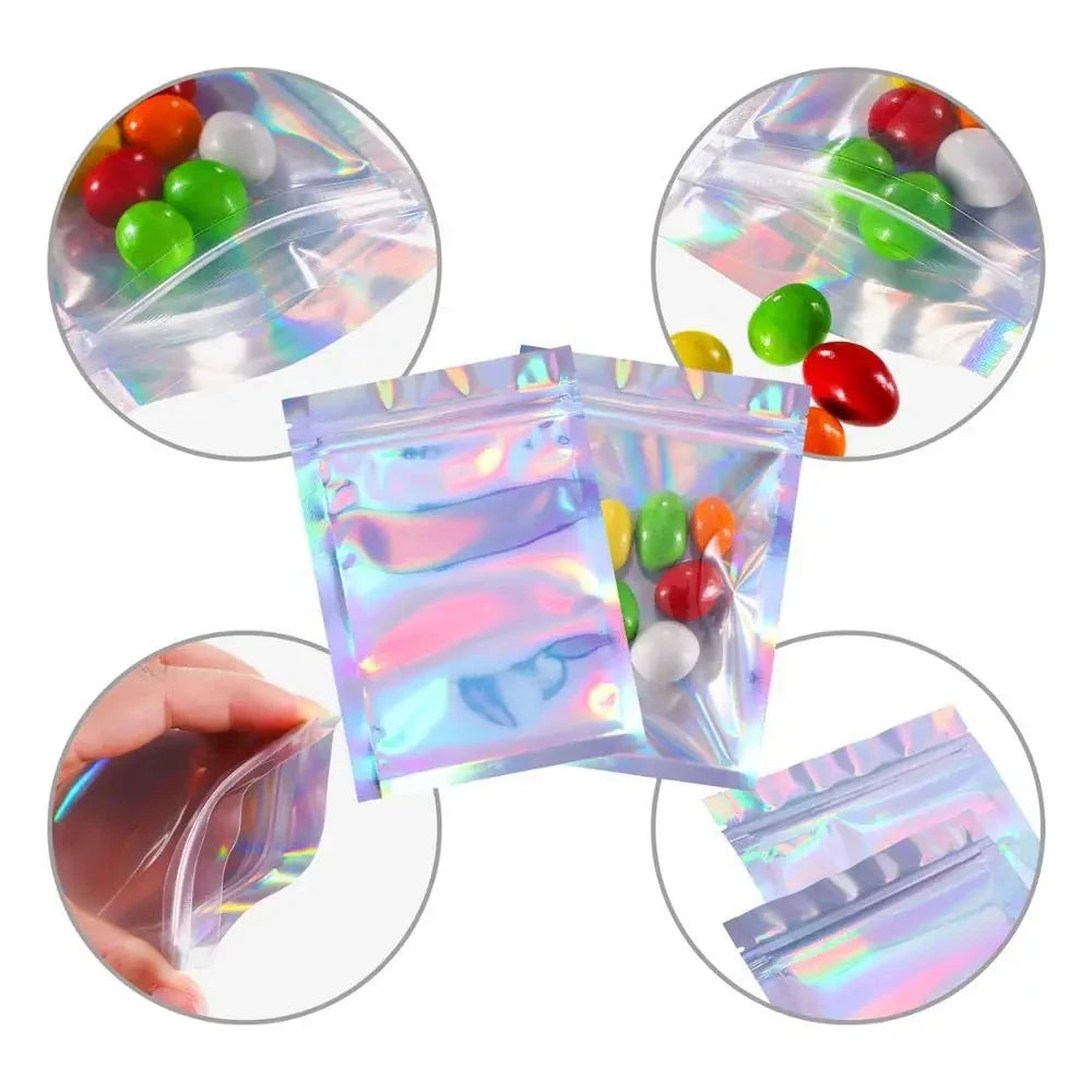 100pcs Holographic Bag Laser Rainbow Pattern Self Sealing Bag Candy Bag Front Window Sample Jewelry Packaging Plastic Pouch