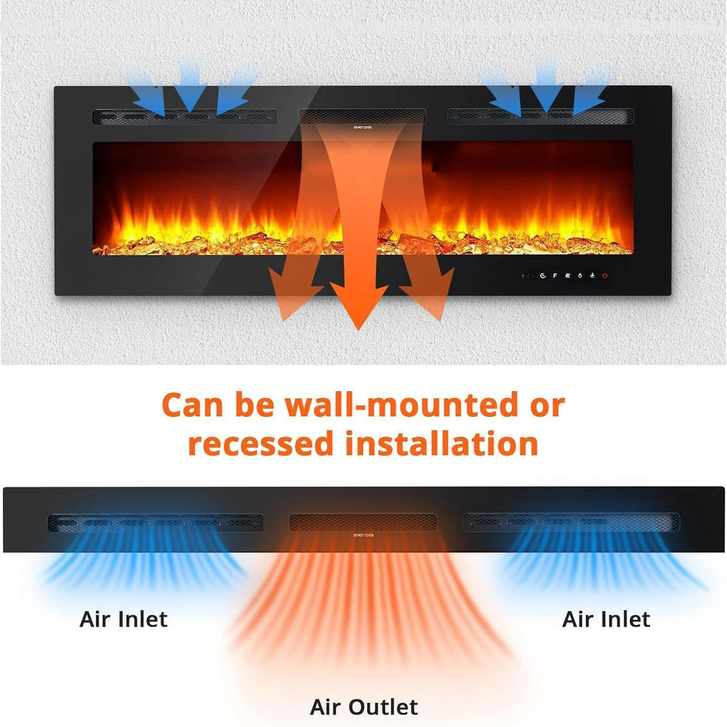 40/50/60inch Wall-Mounted Electric Fireplace, 220V 1500W, Two Levels Of Heating, 3D 12LED Color Modes and Realistic Flame Effect