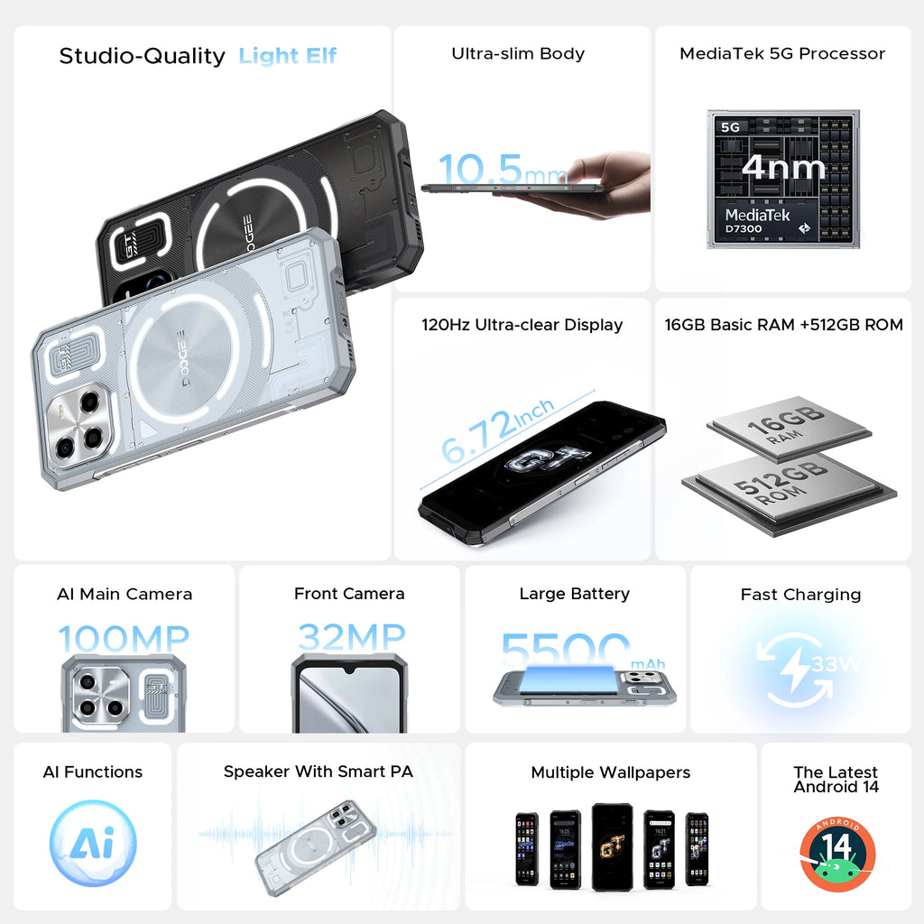 Global Version DOOGEE Blade GT Ultra 5G Rugged Phone Dimensity 7300 6.72" 16GB 512GB 10.5mm Ultra-thin Light Effect Cell Phone