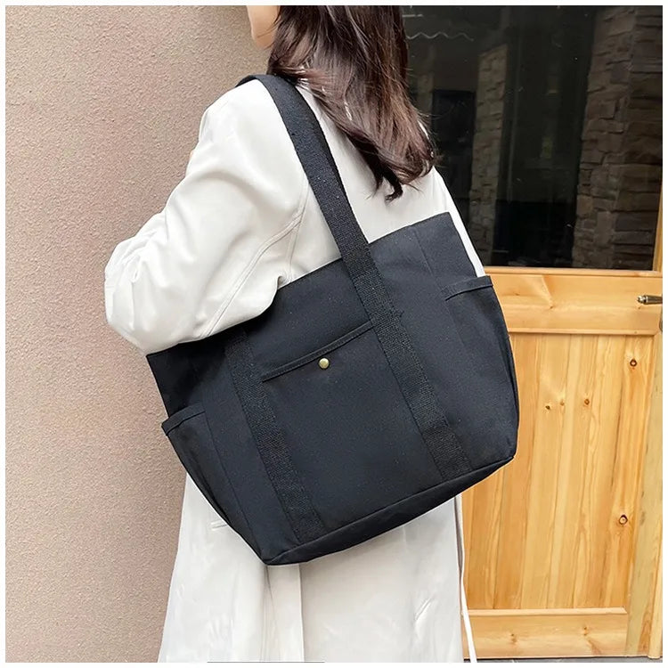 Canvas Women's Bag Large Capacity Multiple Outer Pocket Zipper Shoulder Bag Student Handbag Shopping