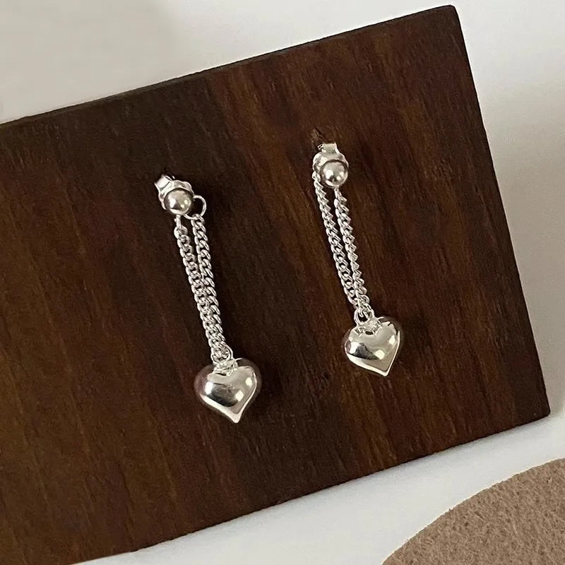 Vintage S925 Silver Hoop Earrings For Women Fashion Korean Heart Chain Drop Earring Prevent Allergy Party Gothic Punk Jewelry