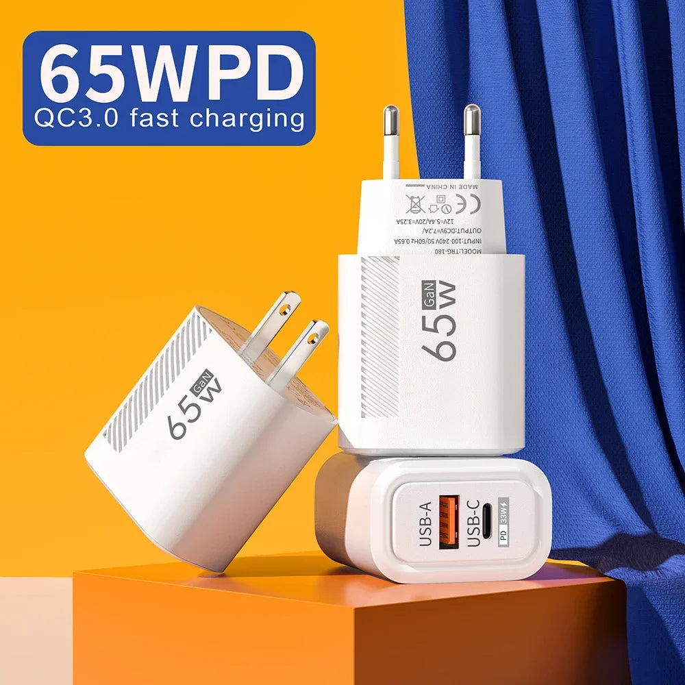 Total 65W GaN Charger USB PD Fast Charging High Speed Type C Quick Charge Mobile Phone Wall Adapter for IPhone 15 Pro Xiaomi 14