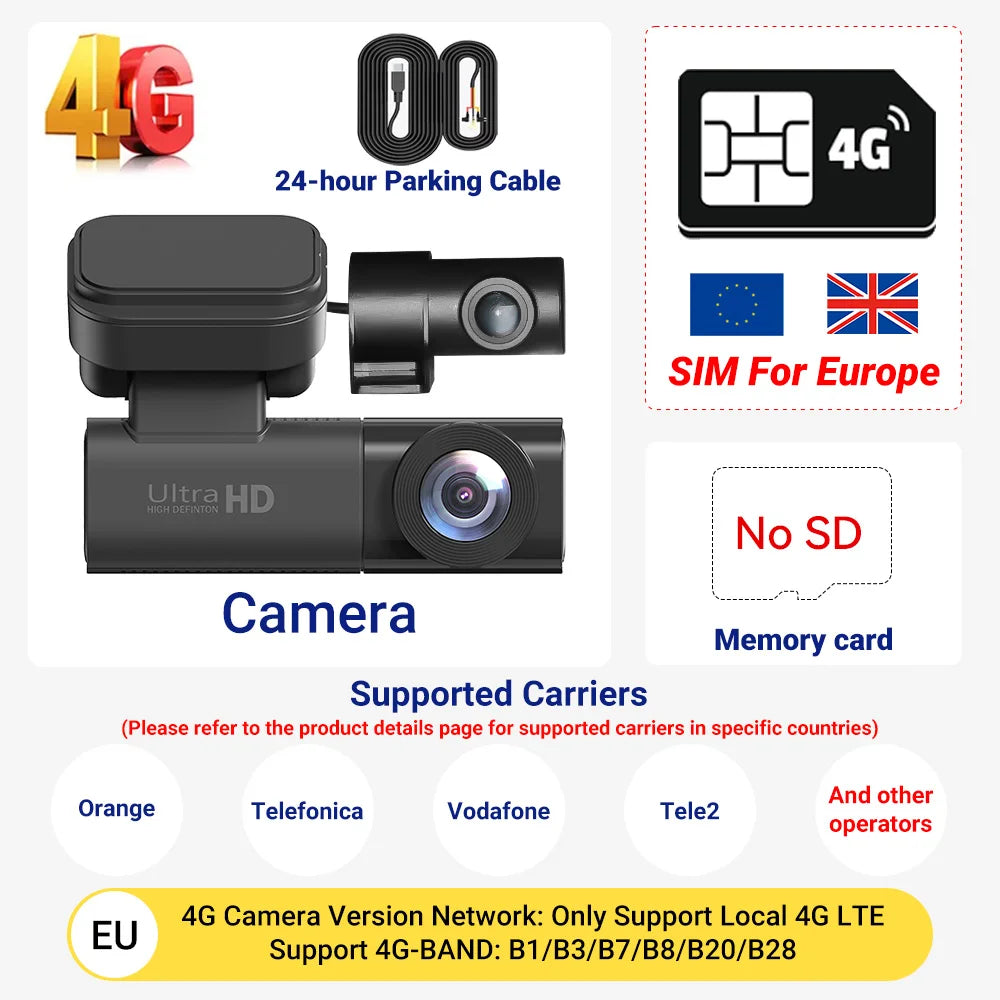 PEGATAH 4G LTE Dashcam GPS Remote Connection Live-View 4K Dual Lens Car Camera 24H Parking Collision Warning Car Video Recorder