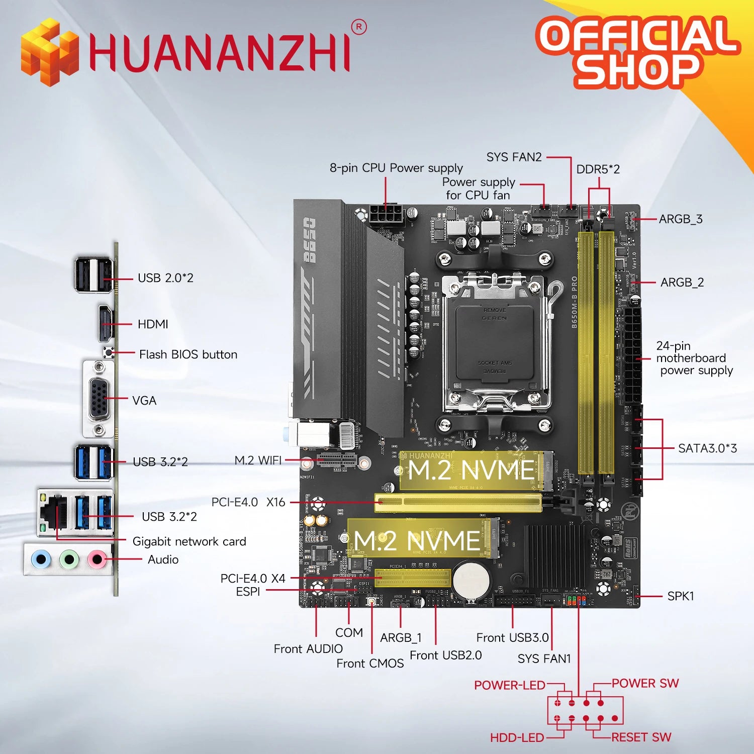 HUANANZHI B650M B PRO AMD AM5 Motherboard Supports Ryzen R5 R7 7000 8000 9000 Series M.2 NVME WIFI Dual Channel DDR5 EXPO RAM