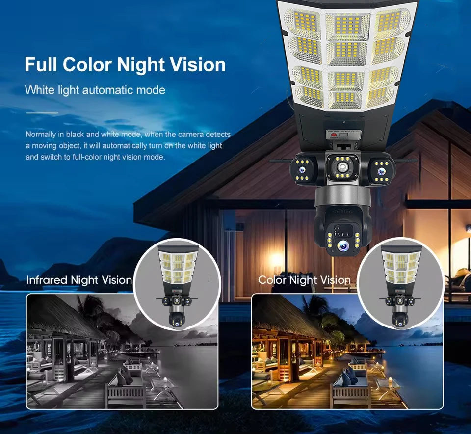 4G Solar Camera V380 Pro 3 Lens LED Street Lamp CCTV AI Human Detection Surveillance Waterproof Outdoor Monitor Built-in Battery