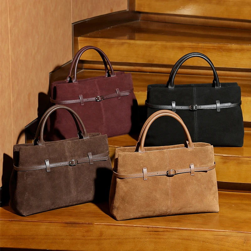 Burminsa Suede Cowhide Genuine Leather Tote Handbags For Women 2025 Luxury Designer Matte Work Ladies Shoulder Crossbody Bags
