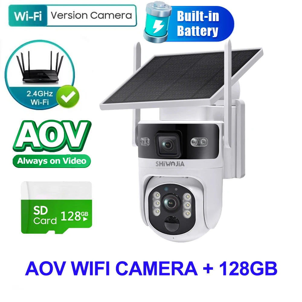 SHIWOJIA 8MP AOV Solar Battery Camera 4G SIM 7/24 Hours Recording Wireless WIFI Security PTZ Camera Dual Lens PIR Night Vision