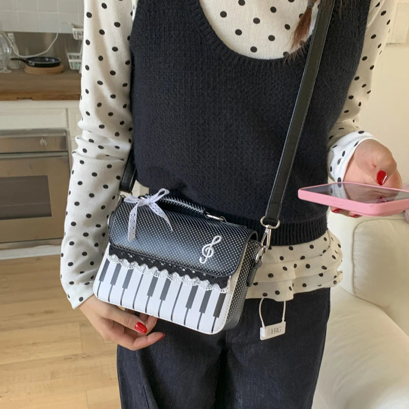 Fashion Contrast Color Handbag Creative Polka Dot Piano Note Small Square Bag Flip Zipper Shoulder Bag Y2k Style Crossbody Bag