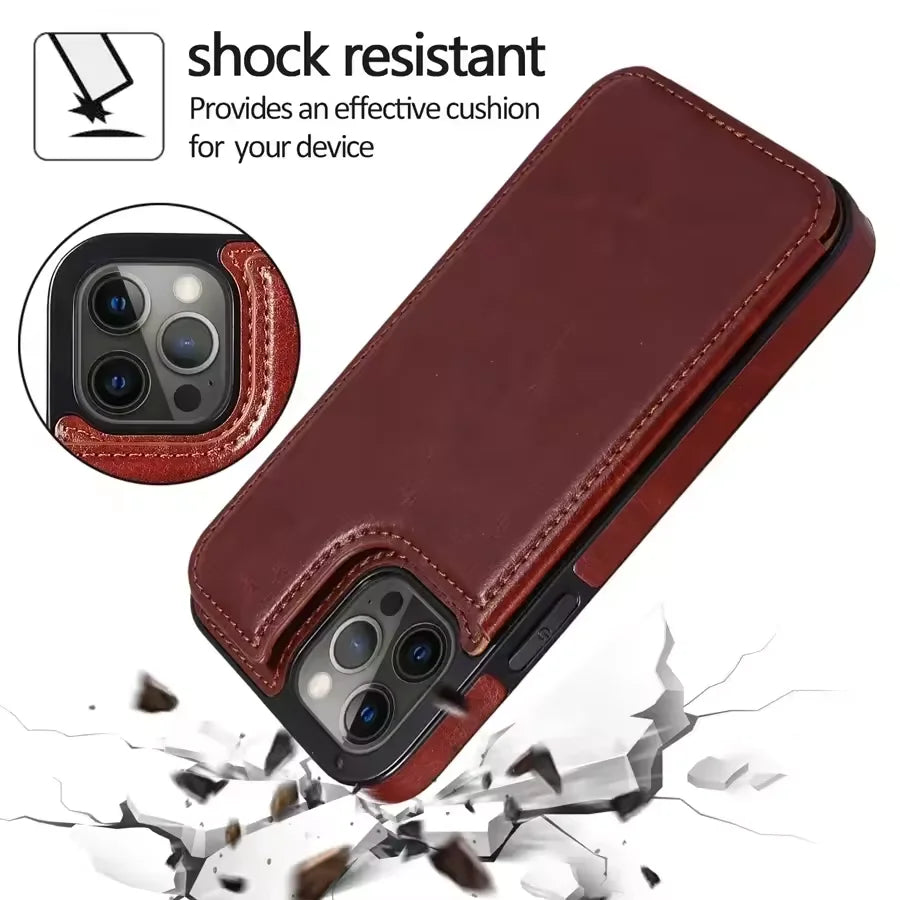 Luxury PU Leather Wallet Case For iPhone 16 15 14 13 12 11 Pro Max SE X XR XS Max 8 7 Plus Kickstand Card Holder Slots Cover