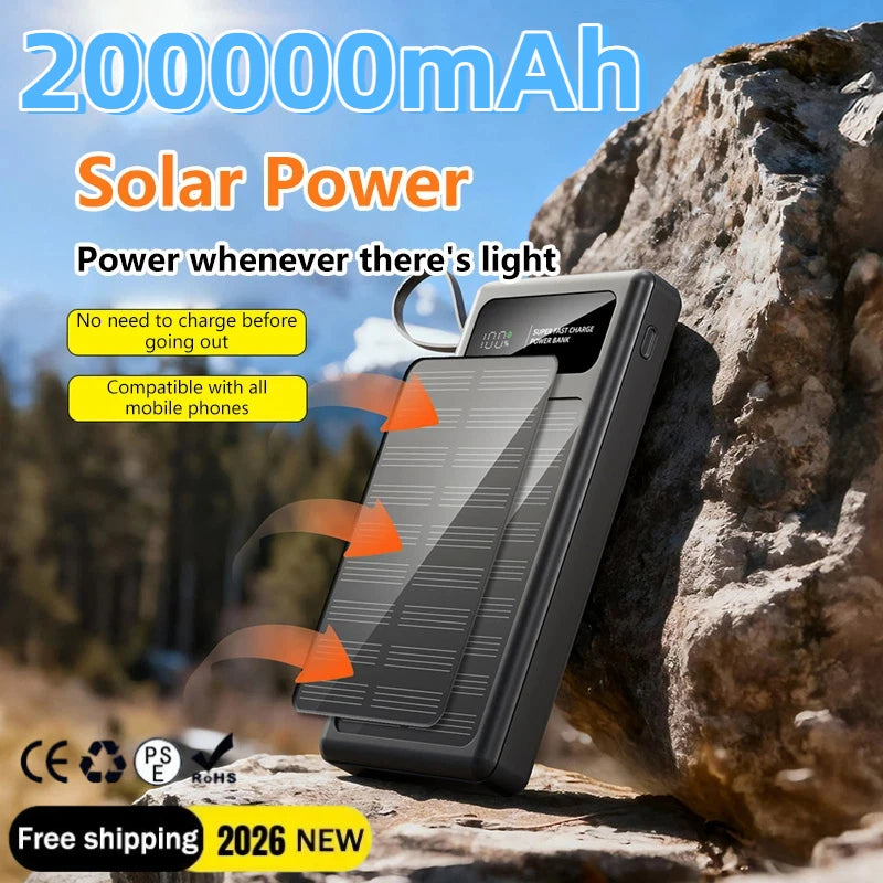 200000mAh Solar Power Bank Built 2 in1 Cable 120W Fast Charging Solar Phone Charger Portable Digital Display External Battery