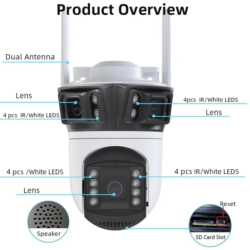 HD 6K 12MP Triple Lens Camera 6MP 3 Lens Outdoor Camera System AI Human Detection WiFi CCTV Waterproof Video Security iCsee App
