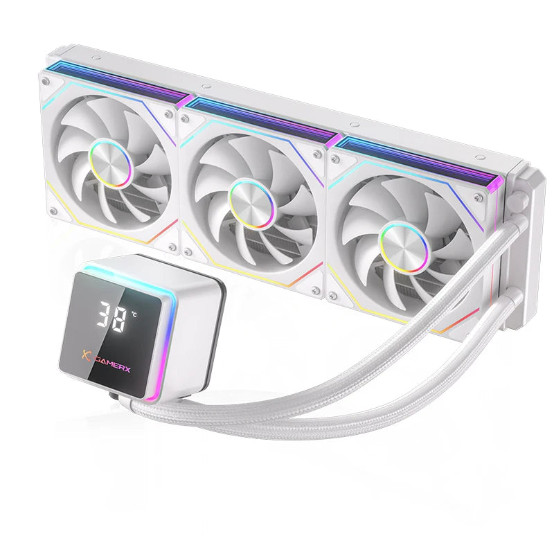 X-GAMERX PowerTrain M360 water cooler 360mm Global ARGB light effect 360° magnetic cover digital display screen aio cpu cooler