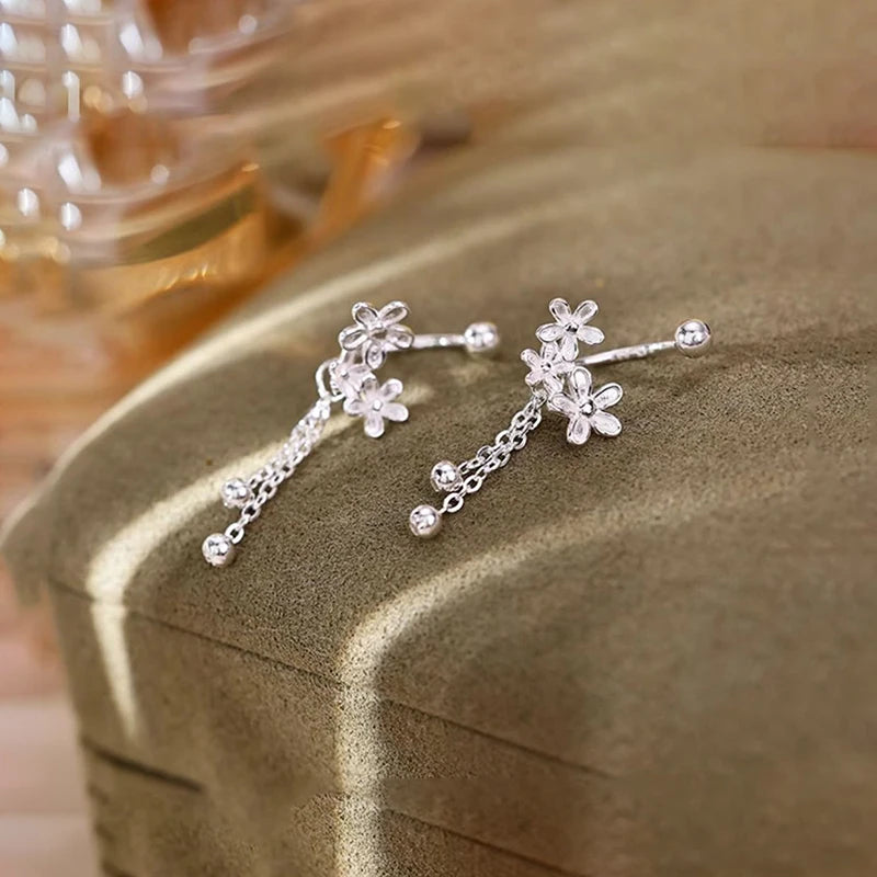 Real 925 Sterling Silver Flower Bead Screw Chain Tassel Plant Stud Earrings For Women Cute Fine Jewelry Light Luxury Accessories