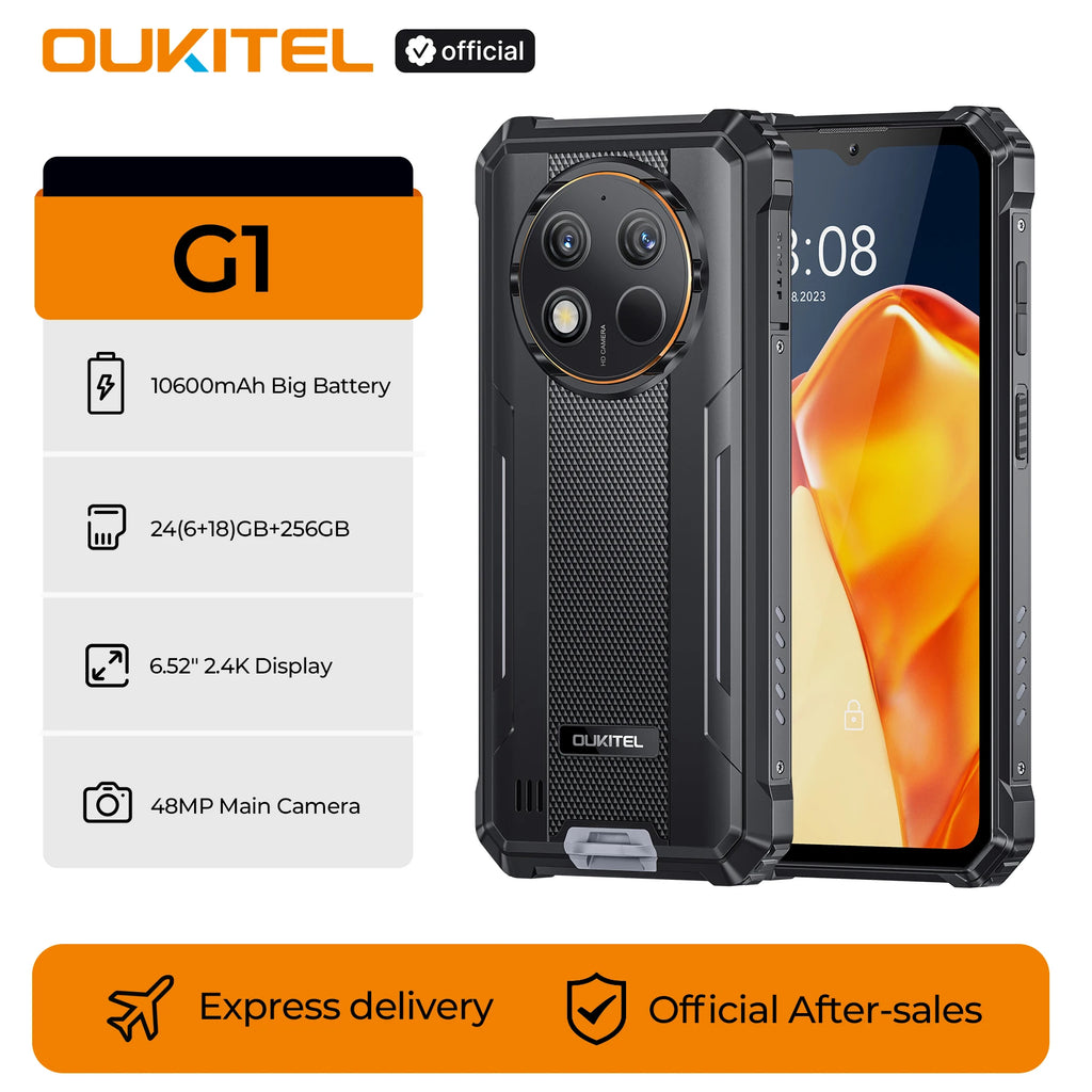 【Brand+】OUKITEL G1 Rugged Phone -24(6+18)GB+256GB, 6.52" Display, IP68 Waterproof, NFC Smartphone, Android 14,48MP Camera