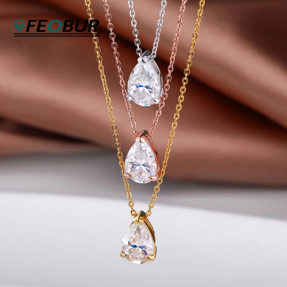 FEOBUR 1-5CT Waterdrop Solitaire Moissanite Necklace with Certificate Real 925 Silver 18K Plated Pear Diamond Pendant for Women