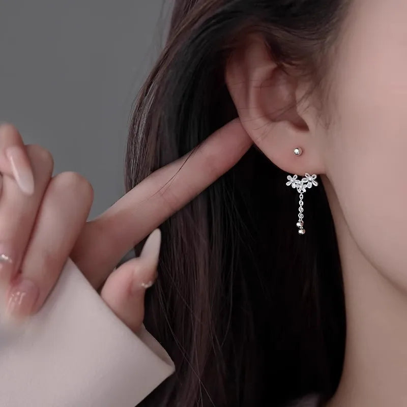 Real 925 Sterling Silver Flower Bead Screw Chain Tassel Plant Stud Earrings For Women Cute Fine Jewelry Light Luxury Accessories