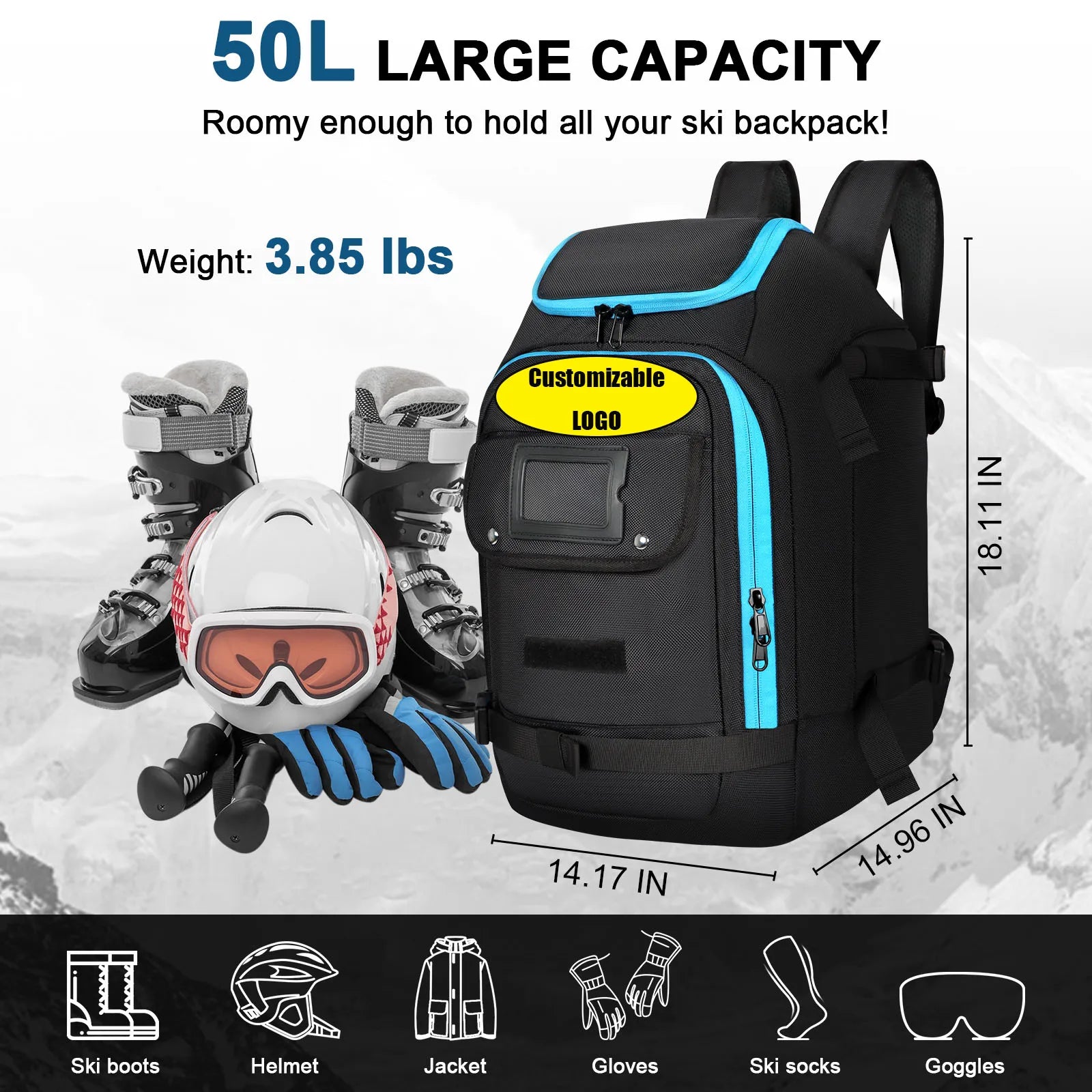 Lightweight Durable Waterproof Ski Backpack For Travel Professional Skateboard Bag Outdoor Gear 50L Backpack With USB Charging