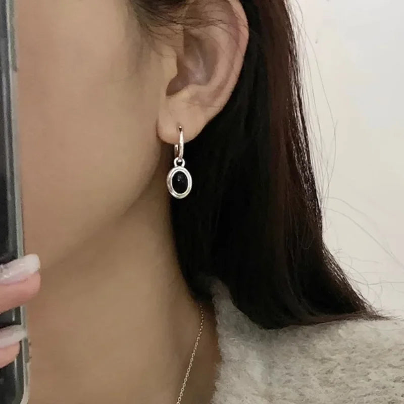 PONYKISS 925 Sterling Silver Black Elliptical Zircon Hoop Earrings for Women Light Luxury Fine Jewelry Minimalist Accessories