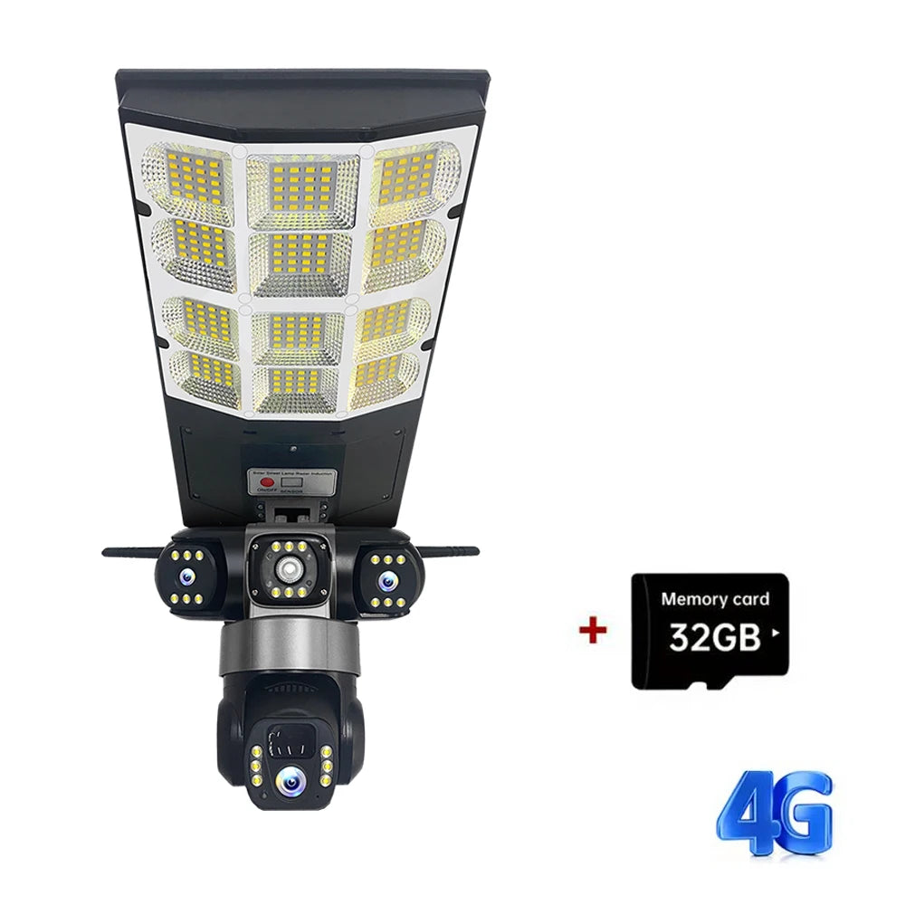 4G Solar Camera V380 Pro 3 Lens LED Street Lamp CCTV AI Human Detection Surveillance Waterproof Outdoor Monitor Built-in Battery