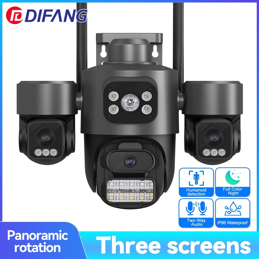 Hot Sale  iCsee 3 Lens 3 Screen WiFi Camera 360° Auto Tracking  Waterproof Outdoor CCTV, WiFi Security Cam ICsee Surveillance