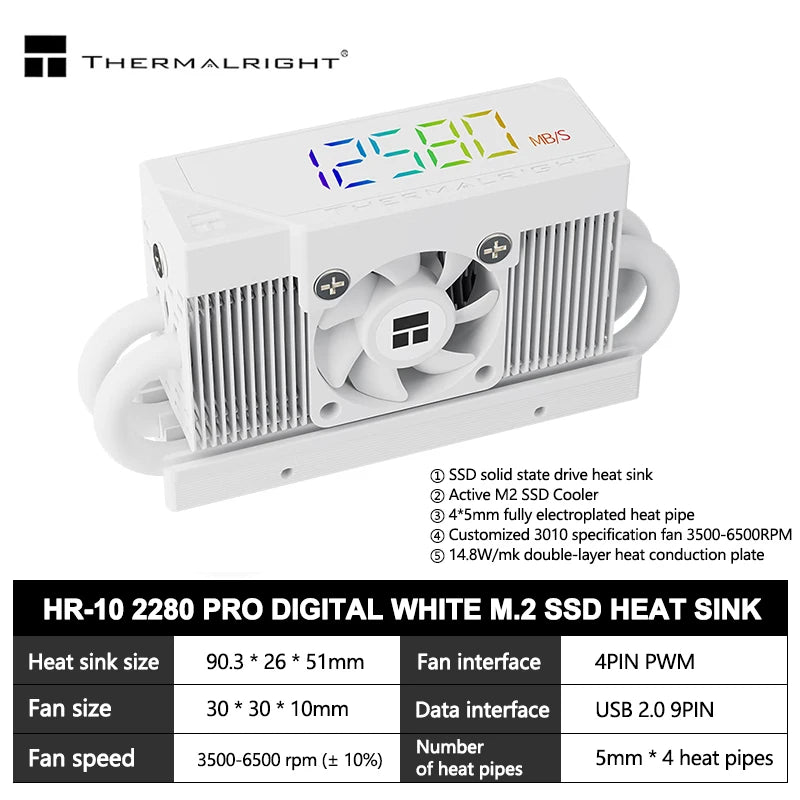 Thermalright HR-10 2280 PRO Digital Display M.2 SSD SSD Solid State Drive Heat Sink 4X5mm Heatpipes 3cm Fan Support PCI-E5.0