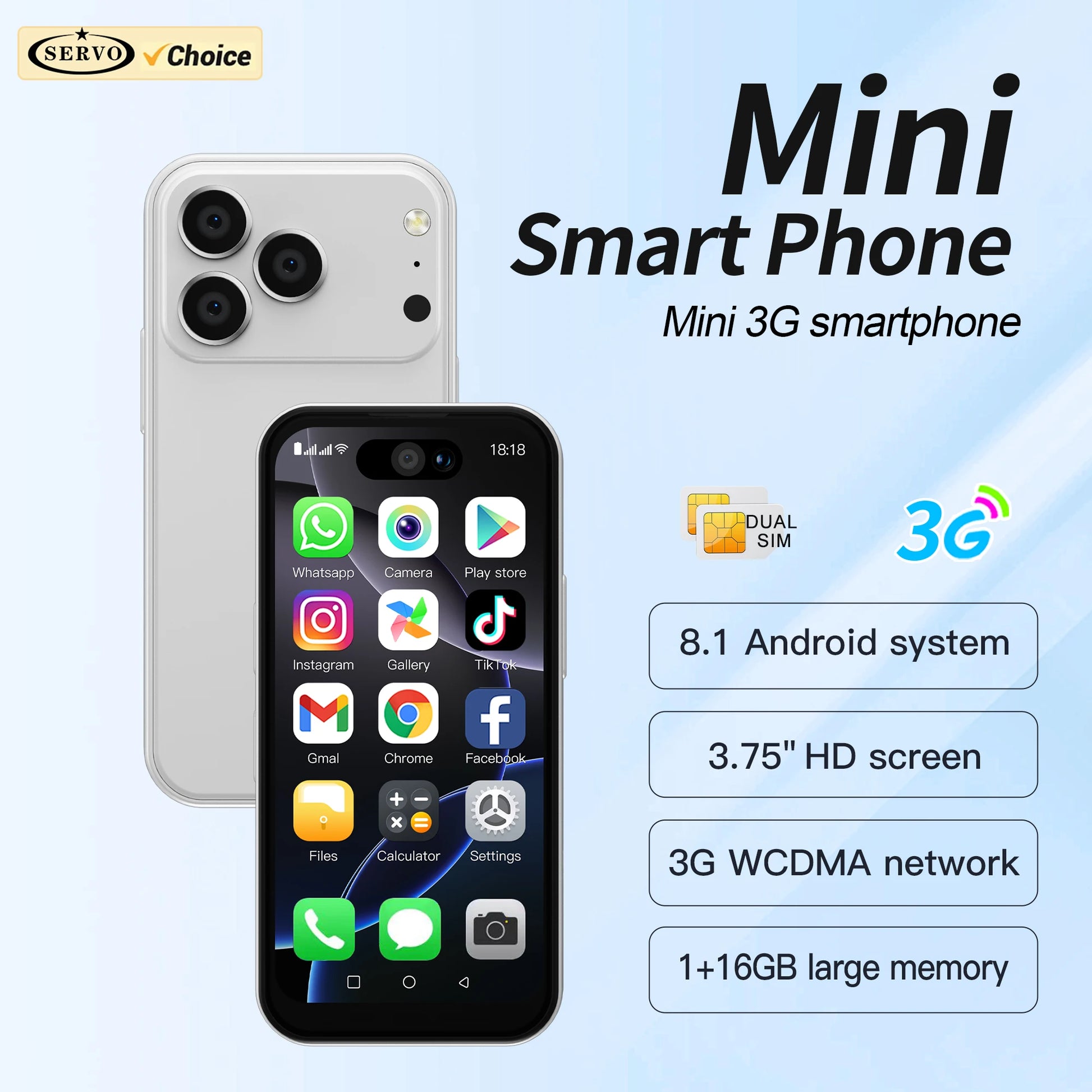 SERVO 17Pro Max 3G Small Smartphone Android System 1GB+16GB 2MP Camera Face Unlock 3.75" Display Mini Smart Phones APP Downloud