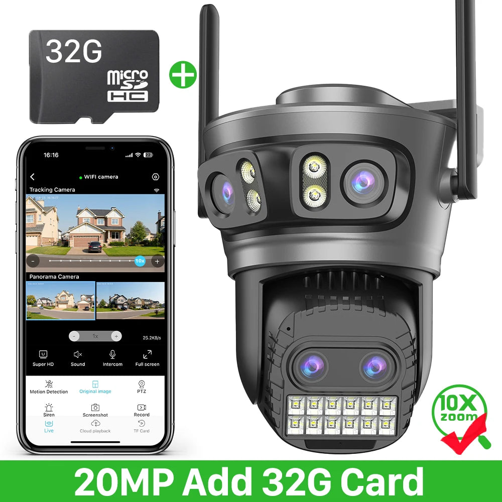 ABUNTU 20MP 10K PTZ Wifi Camera Four Len 10X Zoom Surveillance Camera Outdoor 360°No Dead Angle Ultra Long Night Vision Security