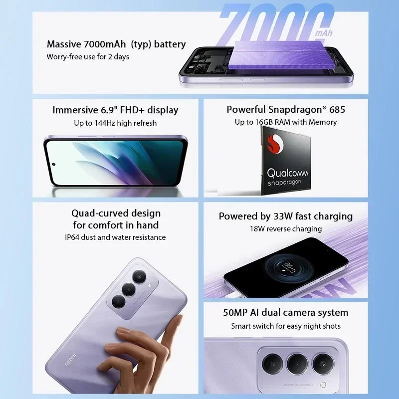 Redmi 15 Global Version Smartphone 50MP 6.9" Up to 144Hz Snapdragon 685 Mobile Platform 33W Fast Charging 7000mAh Battery IP64