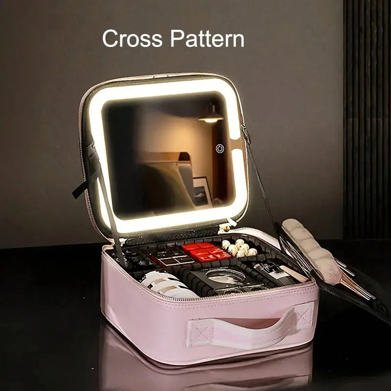 Makeup Organizer Case With Mirror Light 3 Adjustable Brightness Travel Train Cosmetic Toolbox Tattoo Tool Women Makeup Bag Case