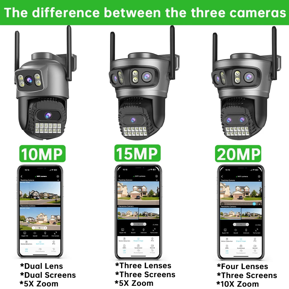 ABUNTU 20MP 10K PTZ Wifi Camera Four Len 10X Zoom Surveillance Camera Outdoor 360°No Dead Angle Ultra Long Night Vision Security