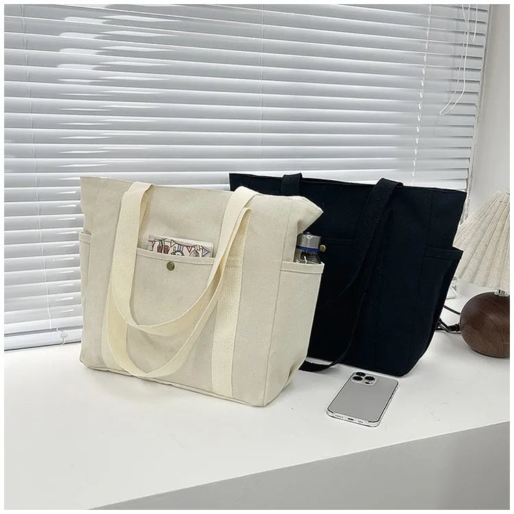 Canvas Women's Bag Large Capacity Multiple Outer Pocket Zipper Shoulder Bag Student Handbag Shopping