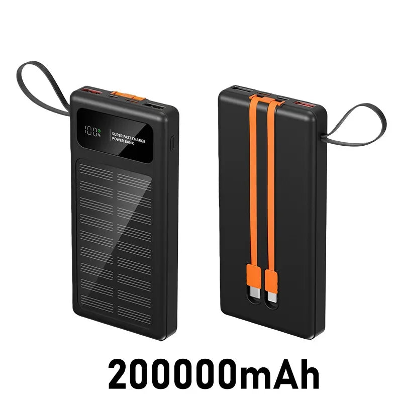 200000mAh Solar Power Bank Built 2 in1 Cable 120W Fast Charging Solar Phone Charger Portable Digital Display External Battery