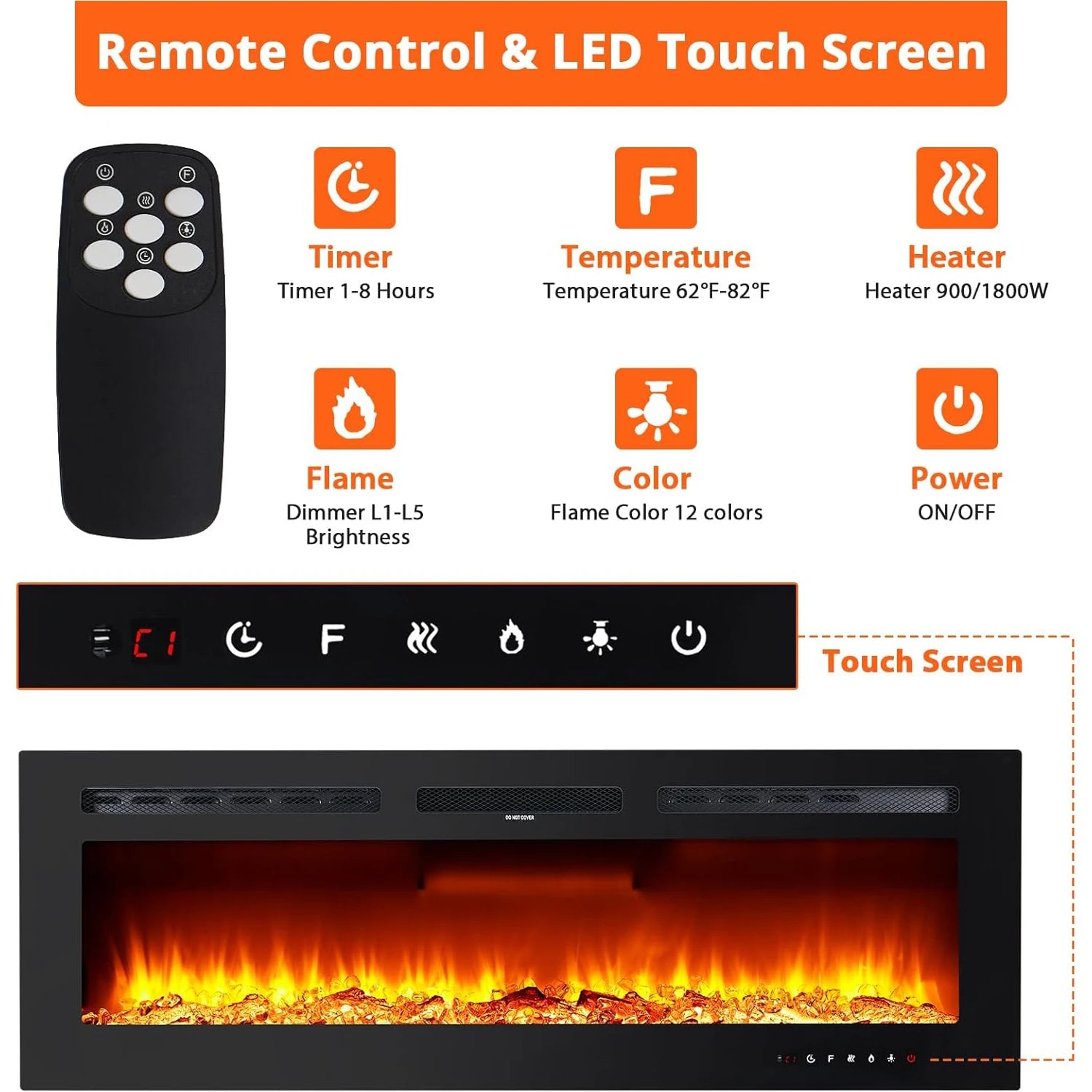 40/50/60inch Wall-Mounted Electric Fireplace, 220V 1500W, Two Levels Of Heating, 3D 12LED Color Modes and Realistic Flame Effect