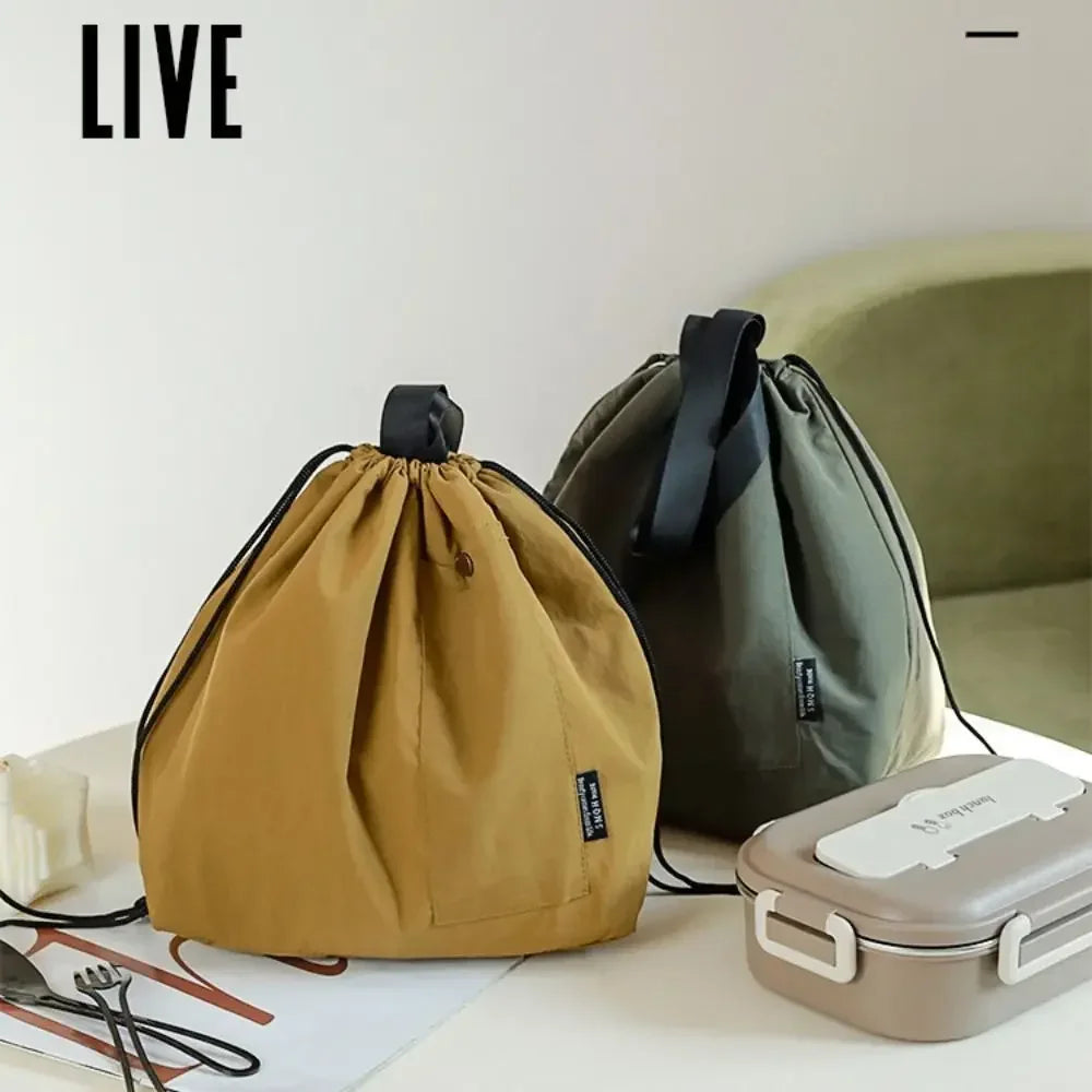 Durable Nylon+Polyester Lunch Bags Green Khaki Black Large Capacity Thermal Insulation Bag Drawstring Lunch Pack Outdoor