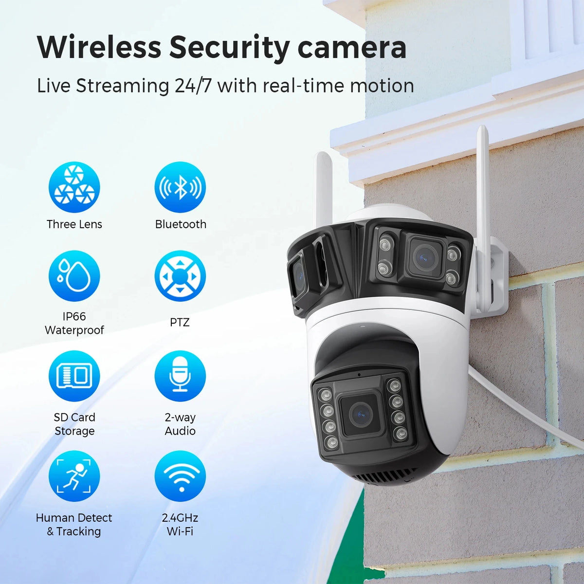 HD 6K 12MP Triple Lens Camera 6MP 3 Lens Outdoor Camera System AI Human Detection WiFi CCTV Waterproof Video Security iCsee App