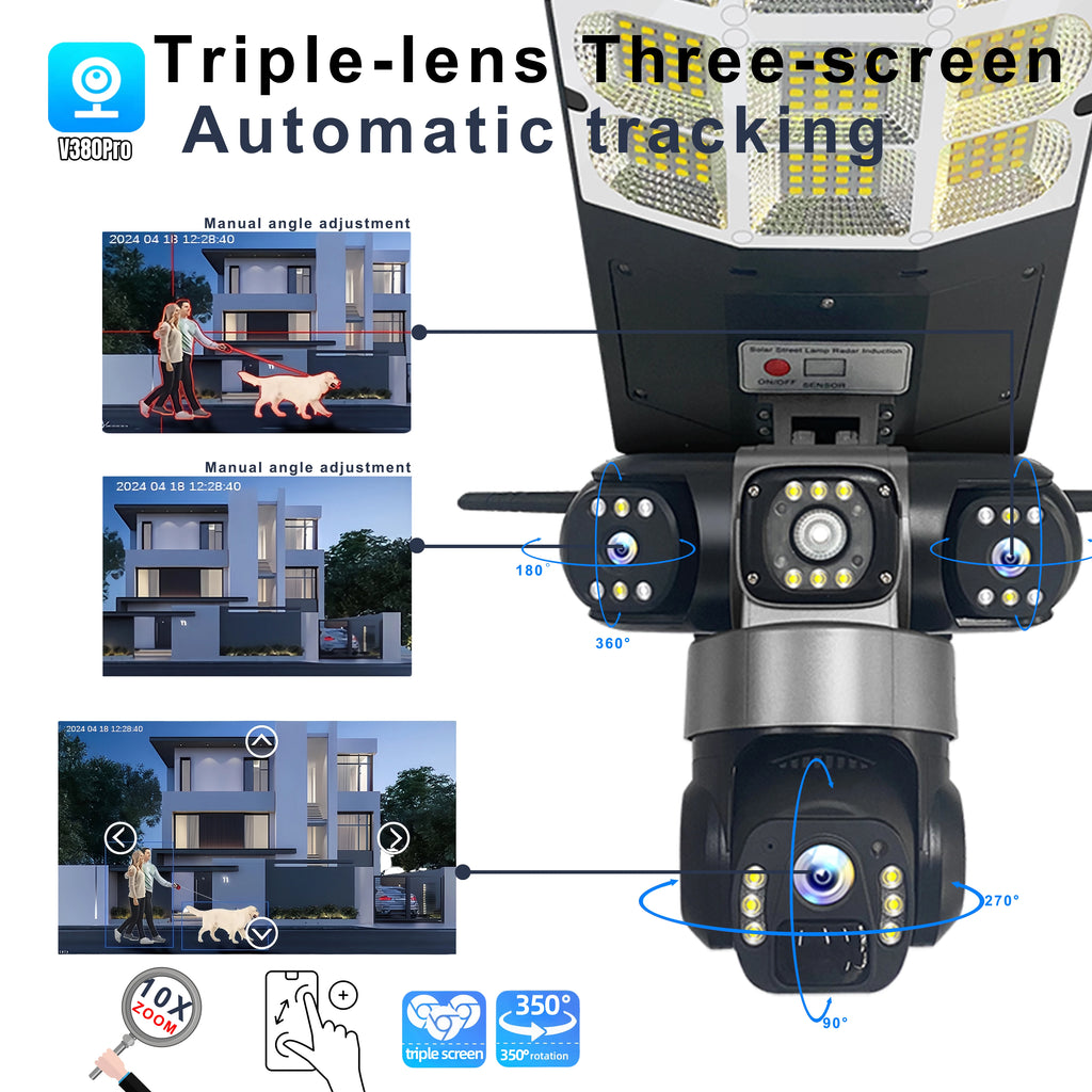 V380PRO Solar Streetlight Three Lens 4G Camera Built in Battery Automatic Lighting Outdoor Low Powered Monitor Light PTZ Camera