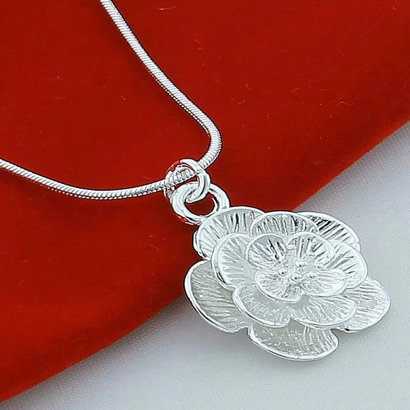 925 Sterling Silver Rose Flower Pendant Necklace 16/18/20/22/24/26/28/30 Inch Snake Chain For Women Wedding Engagement Jewelry